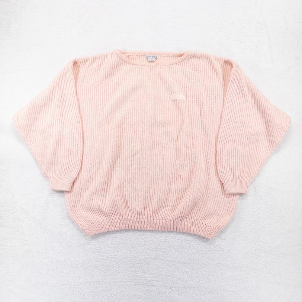 Esprit Sport Womens Sweater Medium Pink Ribbed Cotton Knit Vintage Crew Neck *
